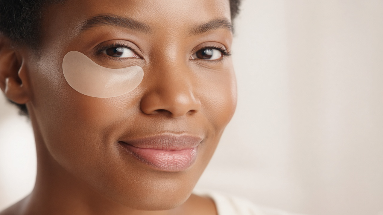 A smiling close-up of a dissolving under-eye patch after a few hours of wear