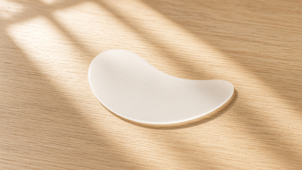 A dissolving under-eye patch on a dark worktop, showing a fine cone grid