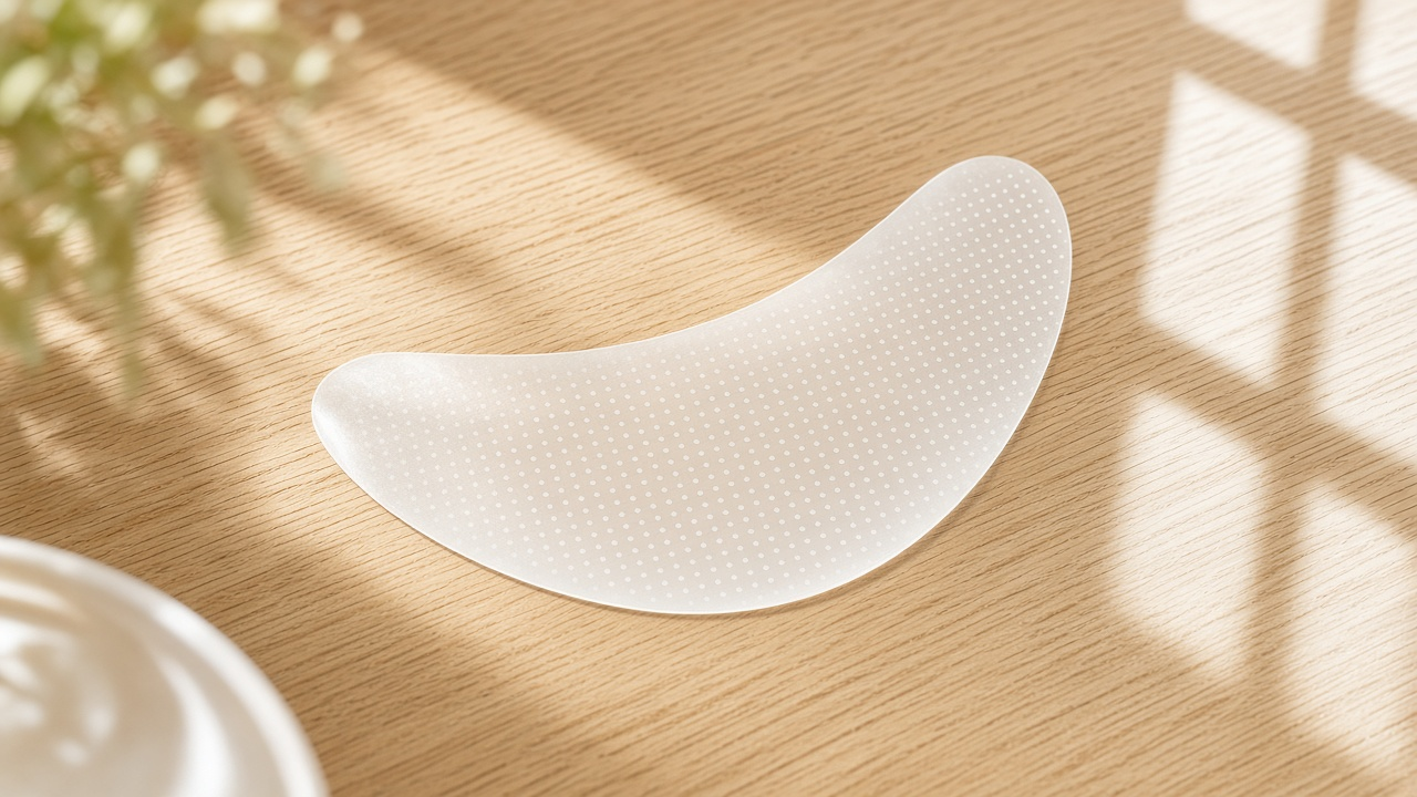 A wider crescent dissolving patch on a dark worktop, the forehead shape of the same format