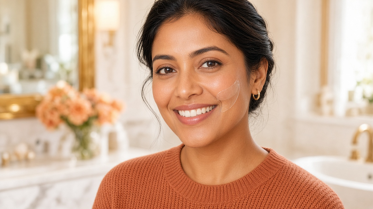 A smiling woman with a dissolving comma patch along a smile line
